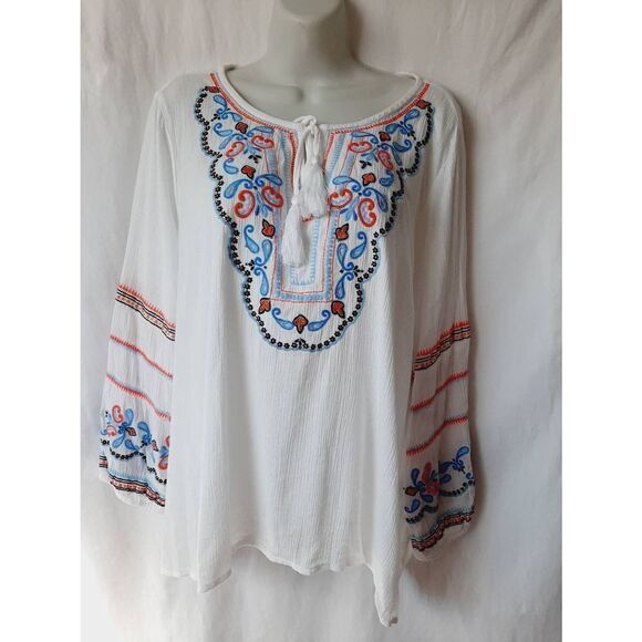 Crown & Ivy tie front embroidered bohemian peasant sz petite XL crepe blouse - Picture 1 of 4
